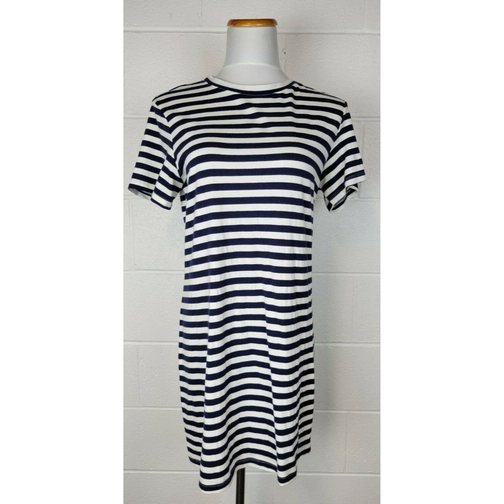 Amour Vert Blue White‎ Stripe Linen Cotton Shirt Dress USA L